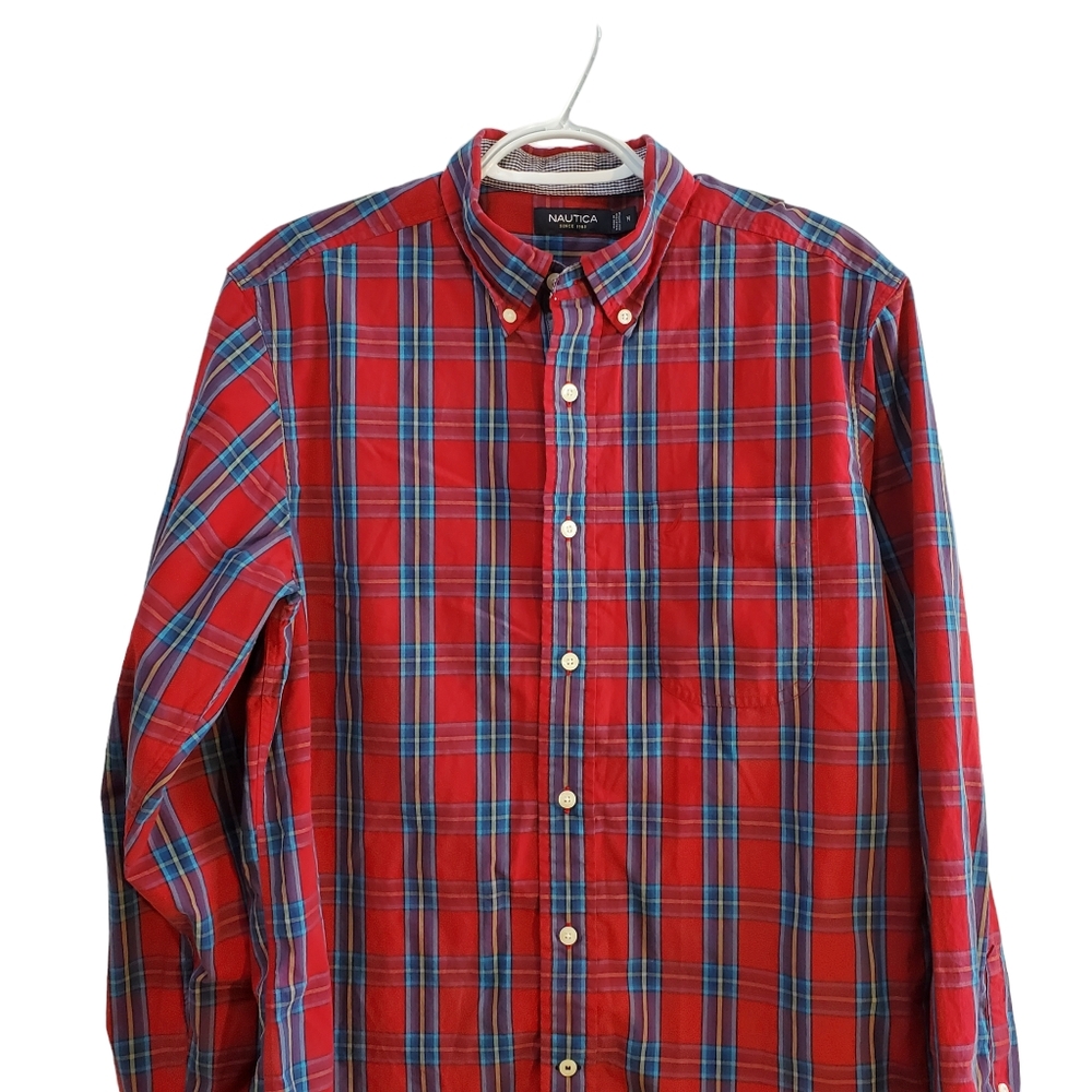 Men's Nautica Red & Blue Plaid Button Down Shirt Size M‎